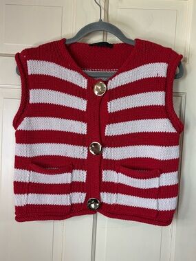 Zara Womens Small Cardigan Sweater Sailor Red Stripe Crunky Knit Sleeveless